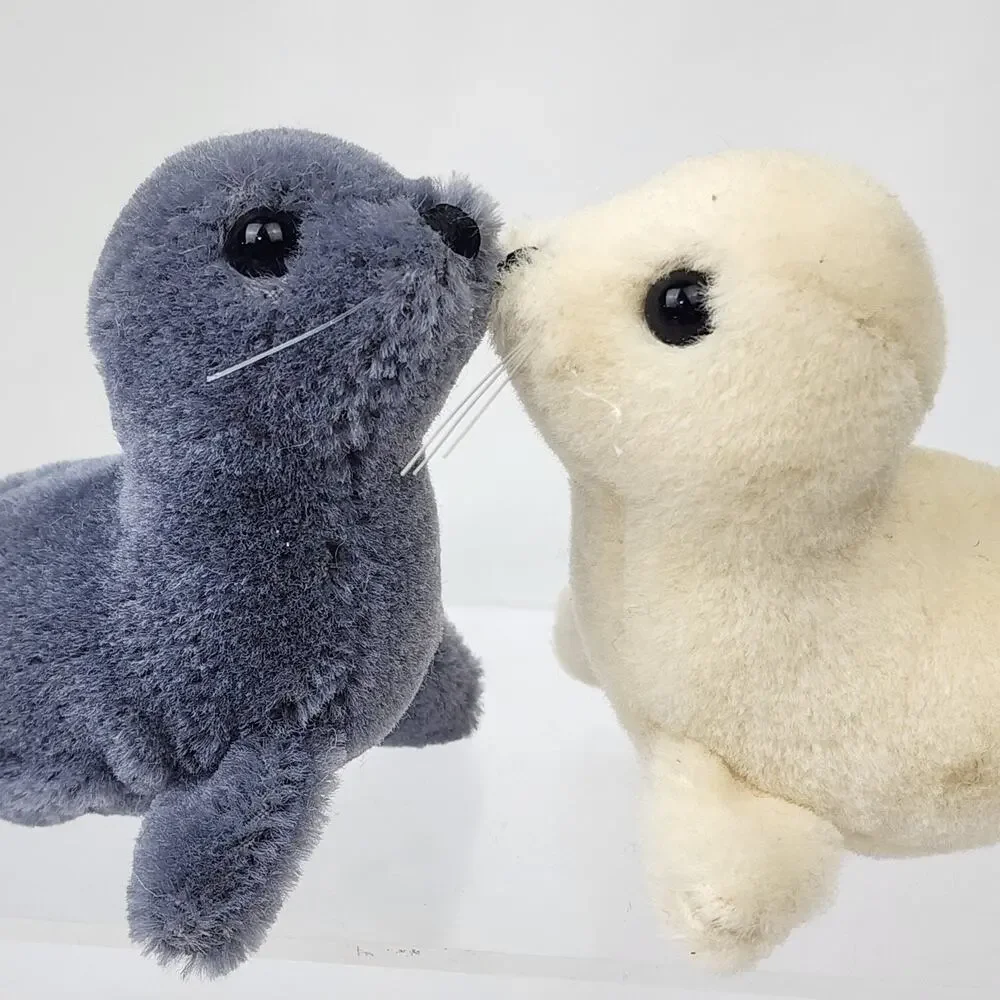 2 1983 Dakin Plush Mohair 100% Wool Baby Seal Pups Gray & White 5.5